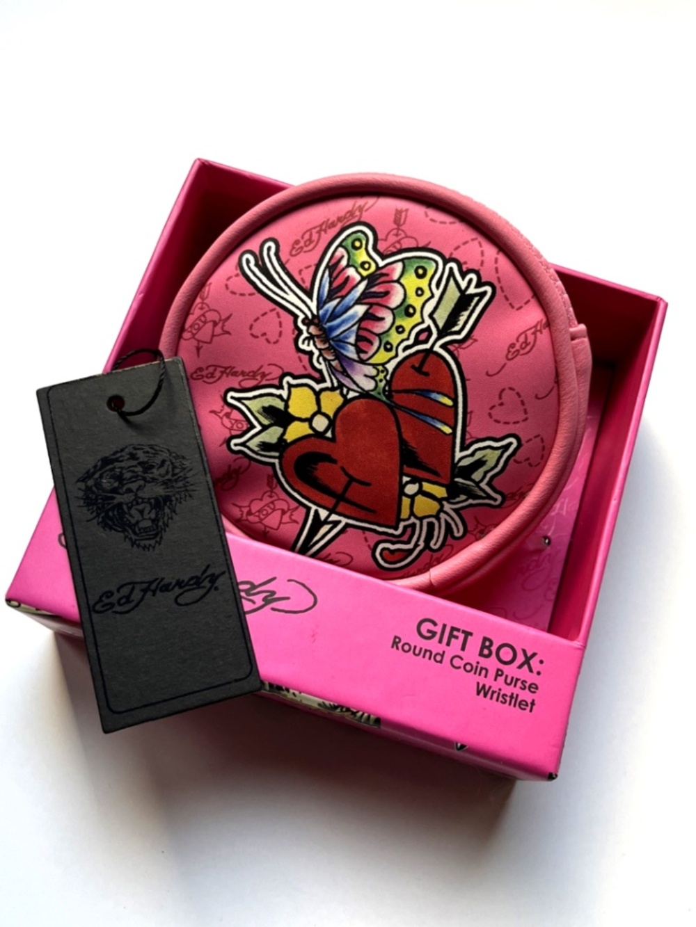 NWT Ed Hardy Heart Butterfly Coin Purse Pink Wristlet Zip Pouch Gift Box